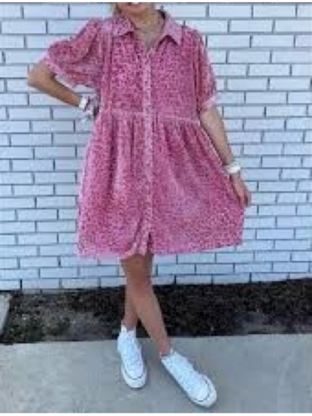 JODIFL Pink Short Sleeve Button-Up Tiered Mini Dress